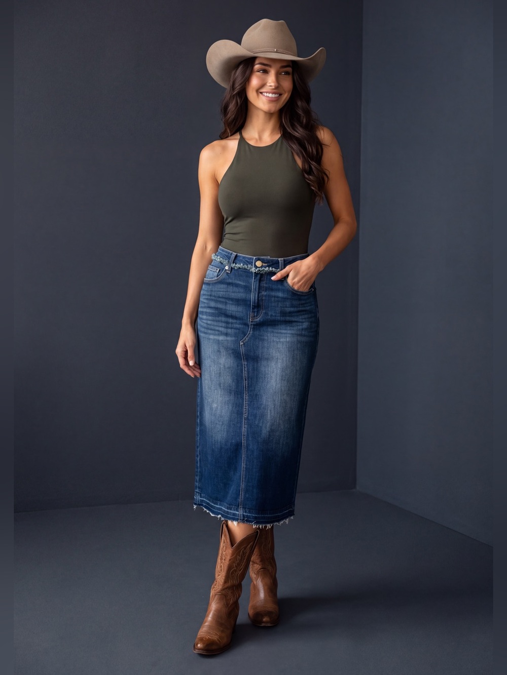 Kut from the Kloth Dark Blue Denim Midi Skirt with Frayed Hem